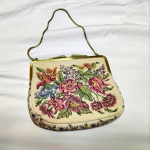 Vintage 1950s or 60s Tapestry Small Evening Bag with Metal Clasp and Handle
